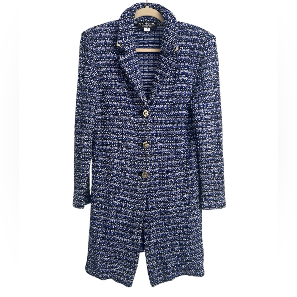 St. John Collection Vintage Long Blue Tweed Boucle Jacket Size 8